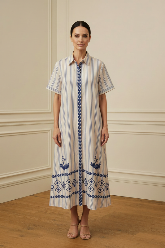 Vestido camisero maxi rayas bordado étnico azul - vista frontal