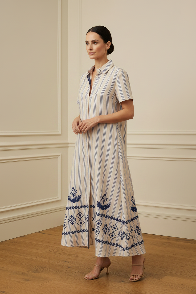 Vestido camisero maxi rayas bordado étnico azul - vista lateral