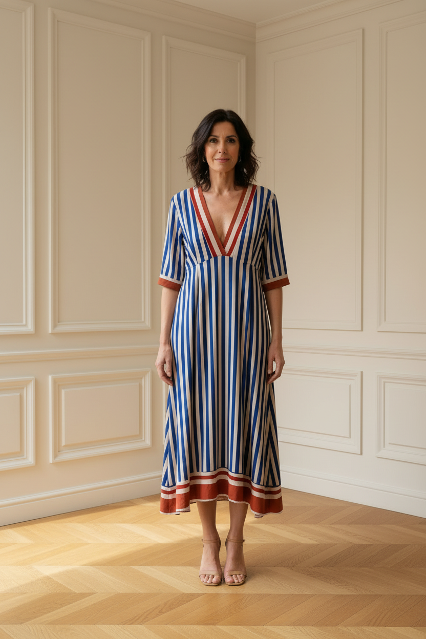 Vestido rayas en habitación beige esquina