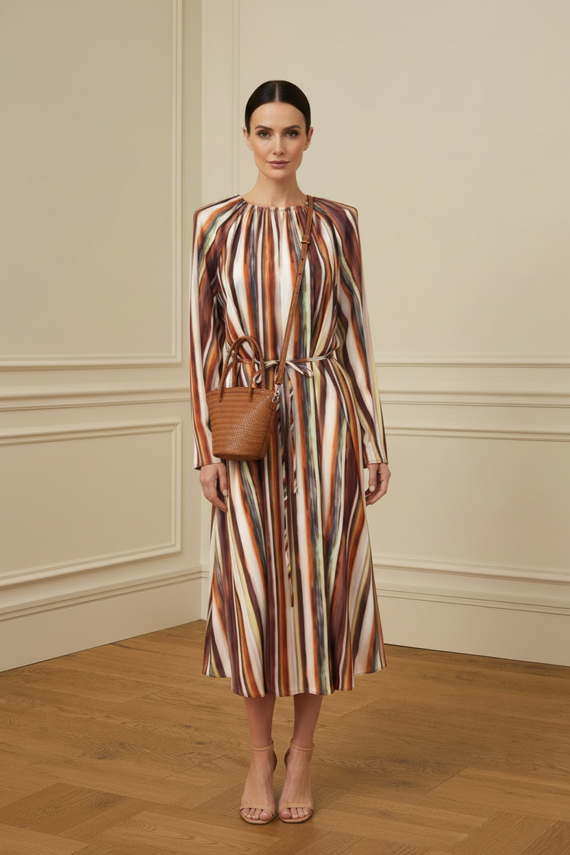 Vestido midi rayas multicolor - con bolso camel