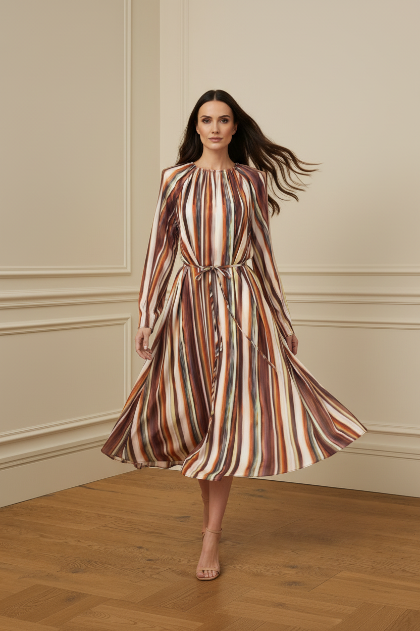 Vestido midi rayas multicolor - en movimiento