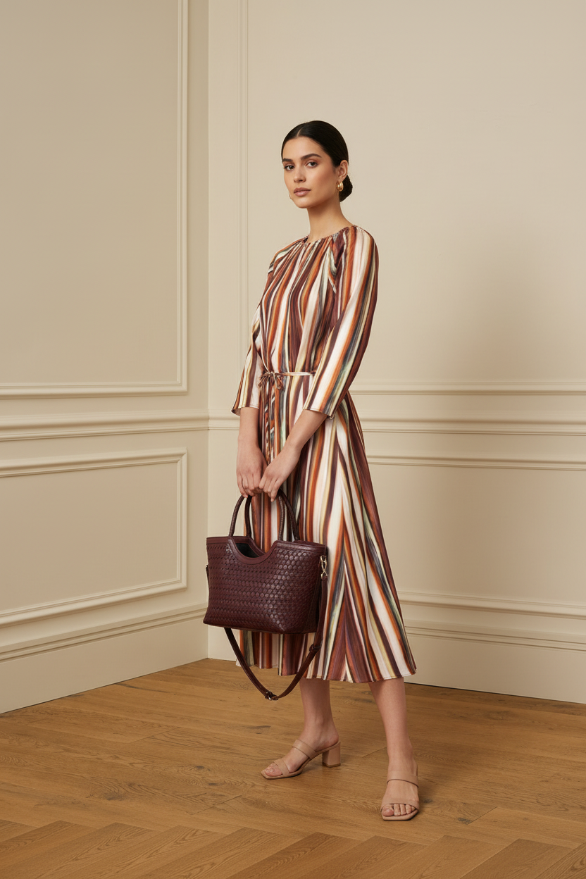 Vestido rayas vista frontal con bolso granate