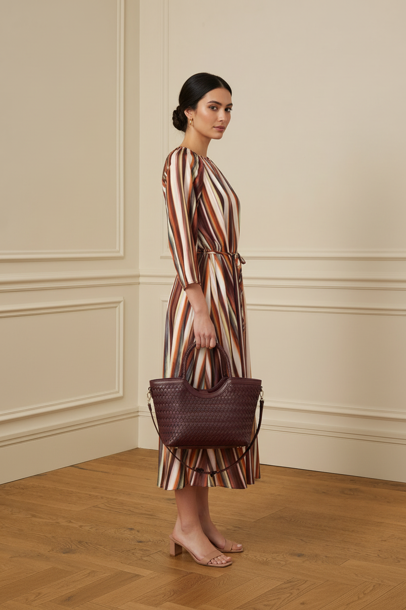 Vestido rayas vista lateral con bolso granate