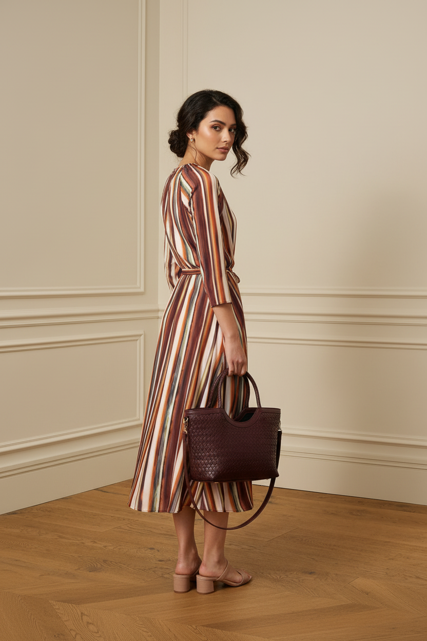 Vestido rayas vista trasera con bolso granate