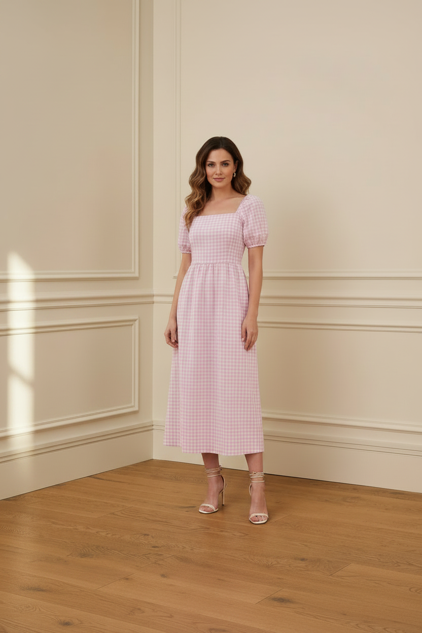 Vestido rosa con sandalia nude