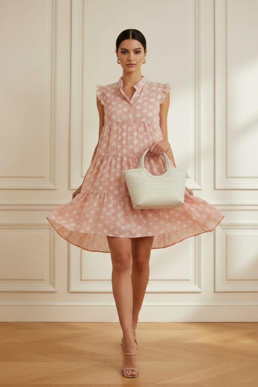 Vestido rosa de lunares con bolso trenzado caminando
