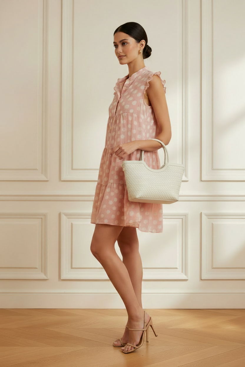 Vestido rosa de lunares con bolso trenzado vista lateral