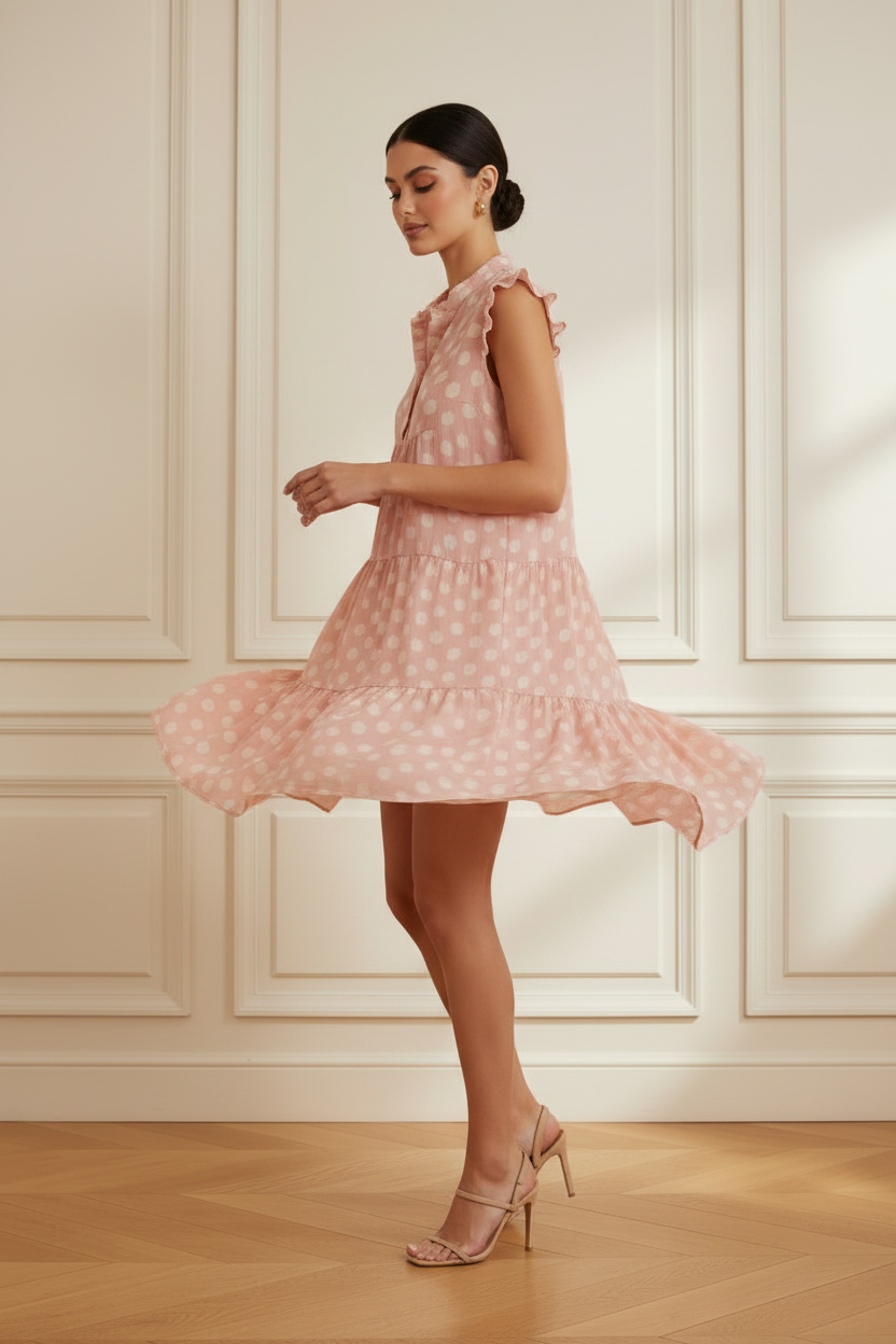 Vestido rosa de lunares en giro