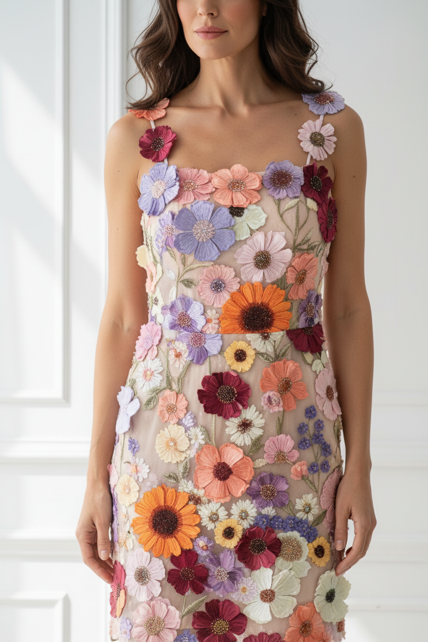 Vestido tirantes flores 3D detalle