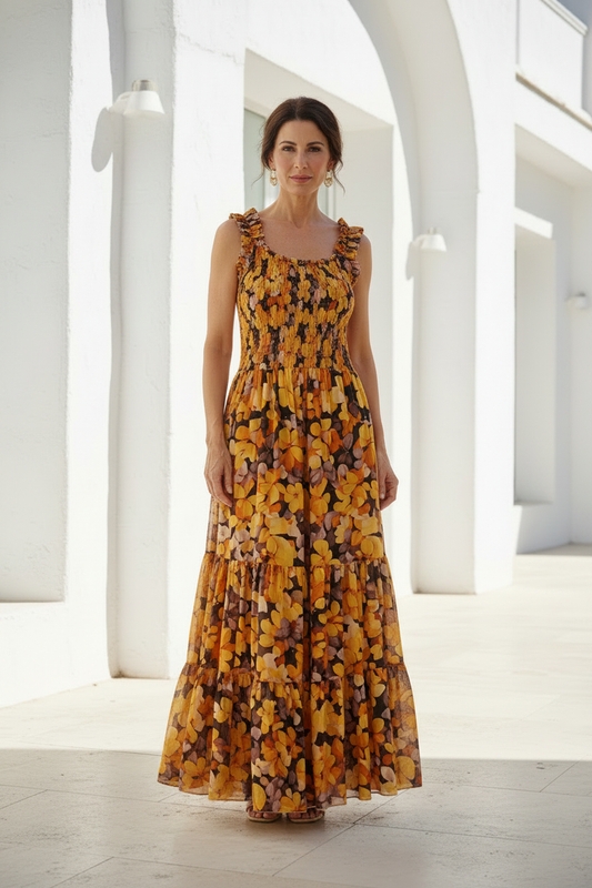 Vestido tirantes fruncidos naranja