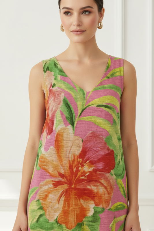 Vestido tropical midi - detalle escote