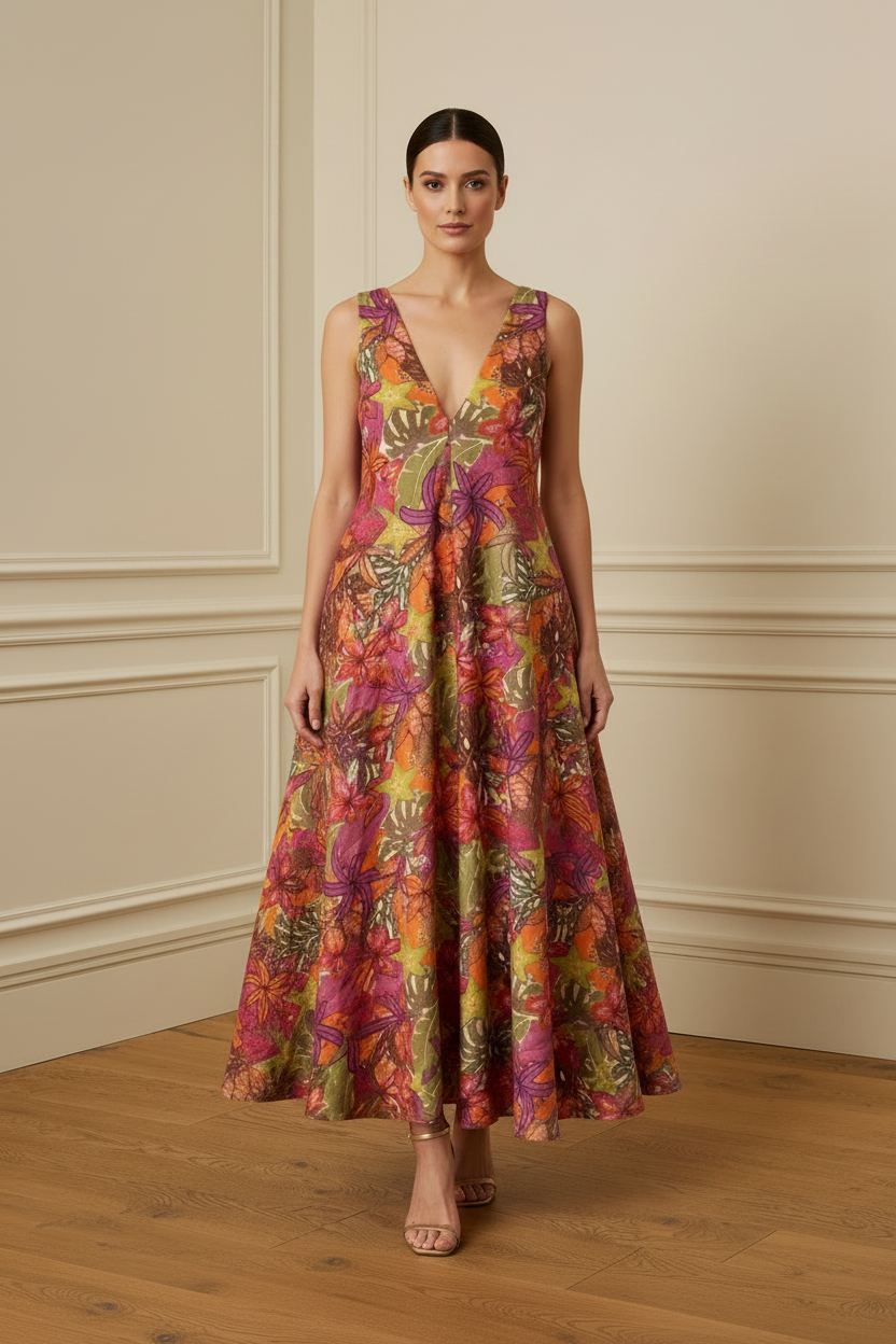 Vestido midi tropical - frontal largo