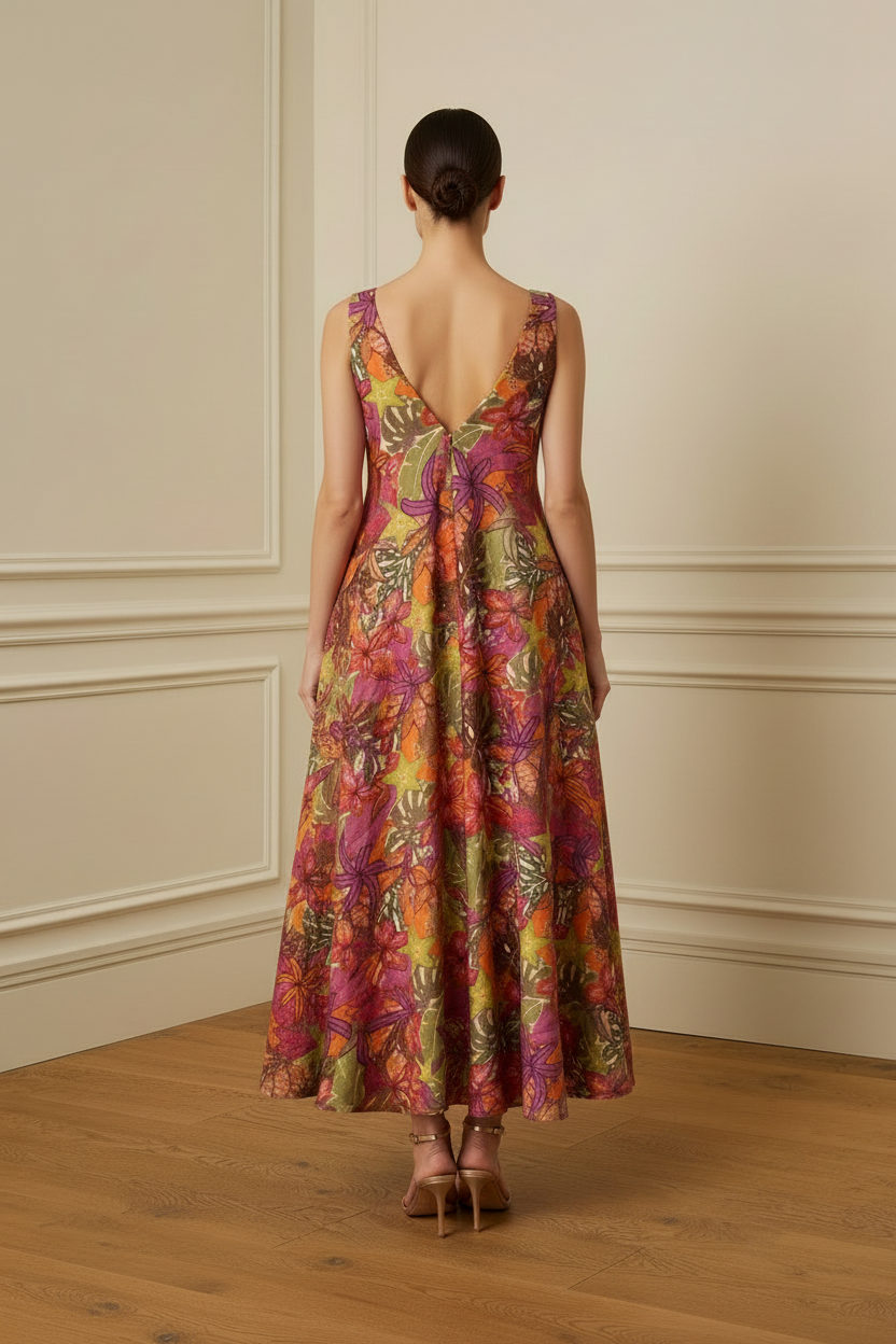 Vestido midi tropical - vista de espaldas