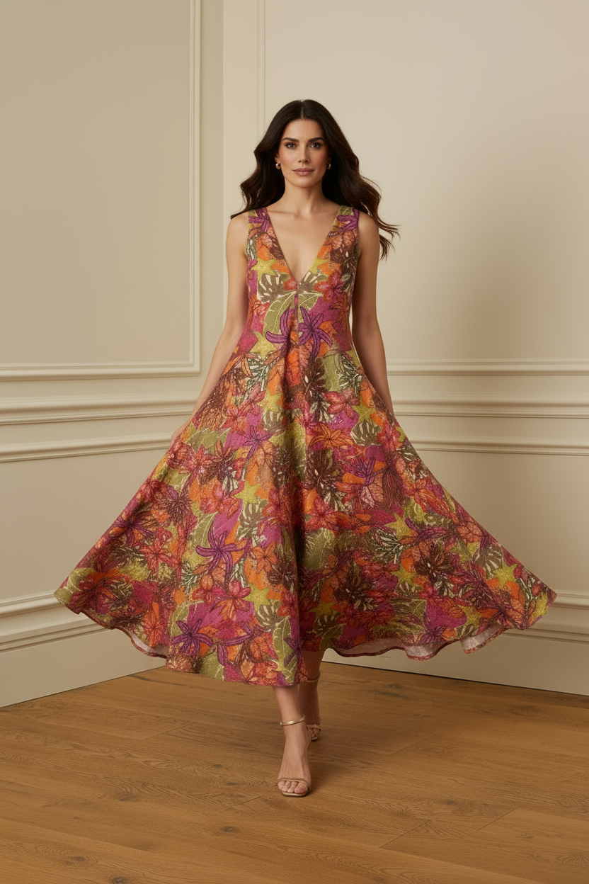Vestido midi tropical - en movimiento
