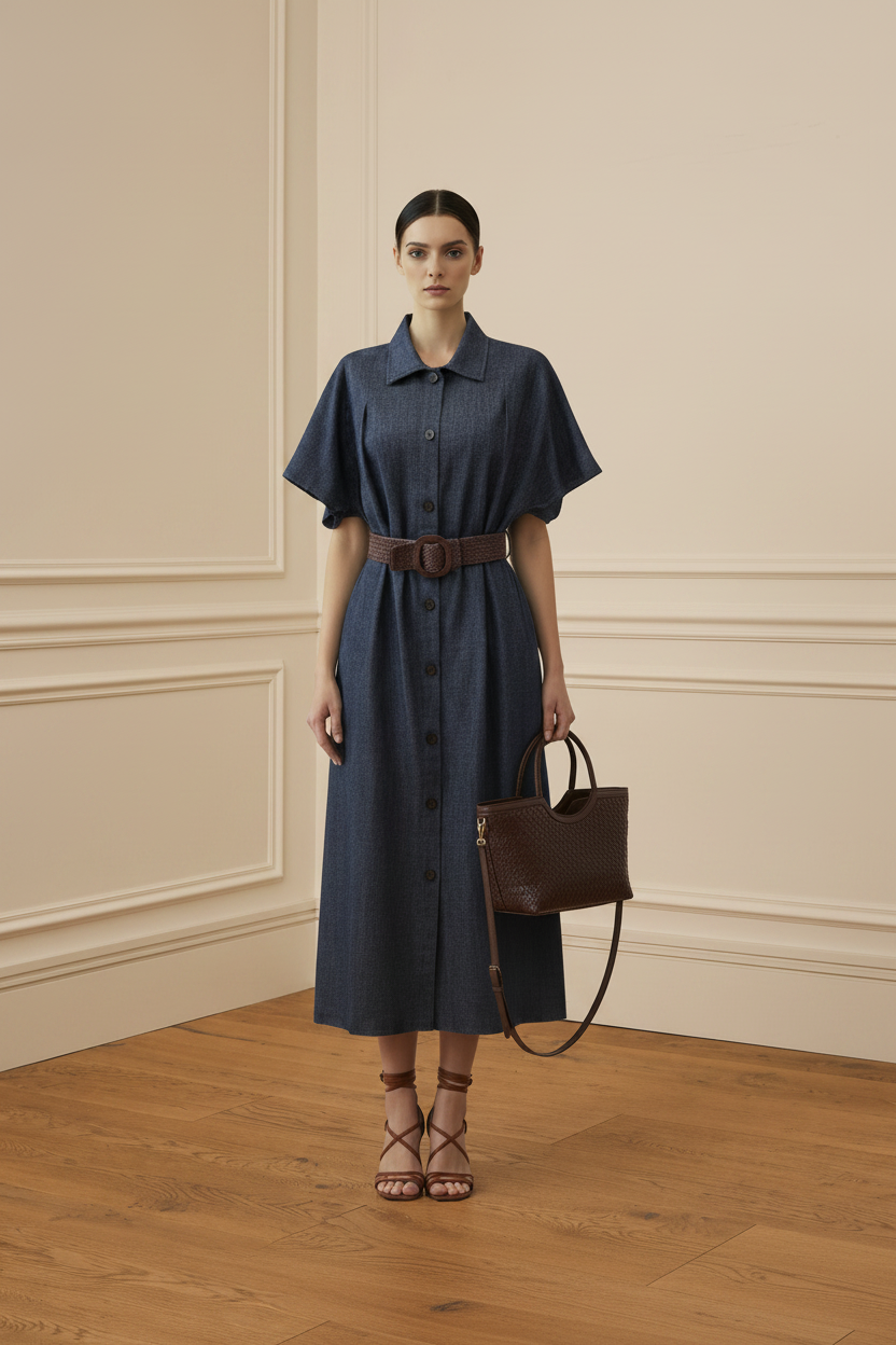 Vestido vaquero - frontal en estancia beige