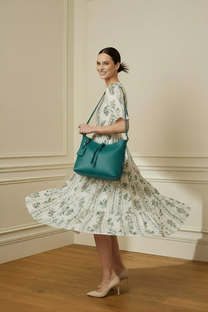 Vestido verde en giro con bolso teal pequeño