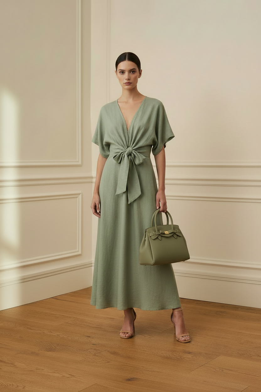 Vestido verde sage con bolso kaki