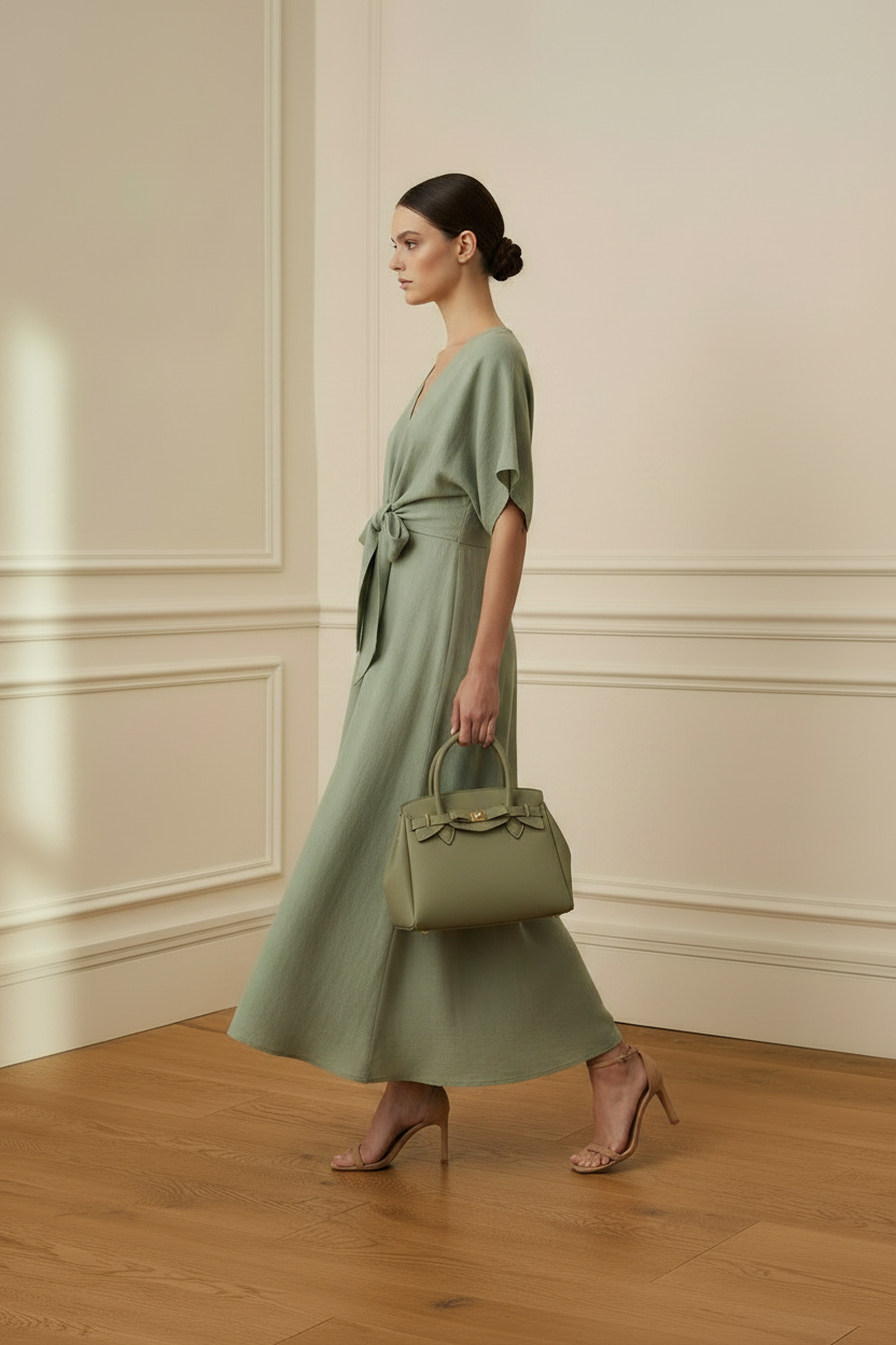 Vestido verde sage - perfil caminando