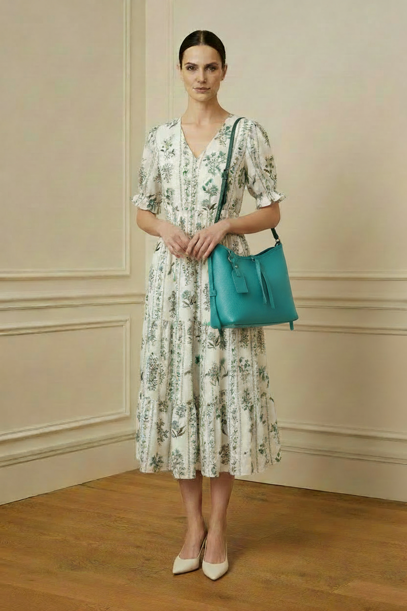 Vestido verde vista lateral con bolso bicolor turquesa