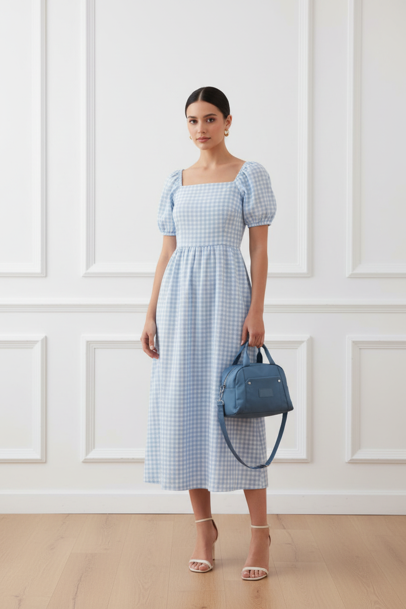 Vestido vichy azul + bolso azul - frontal