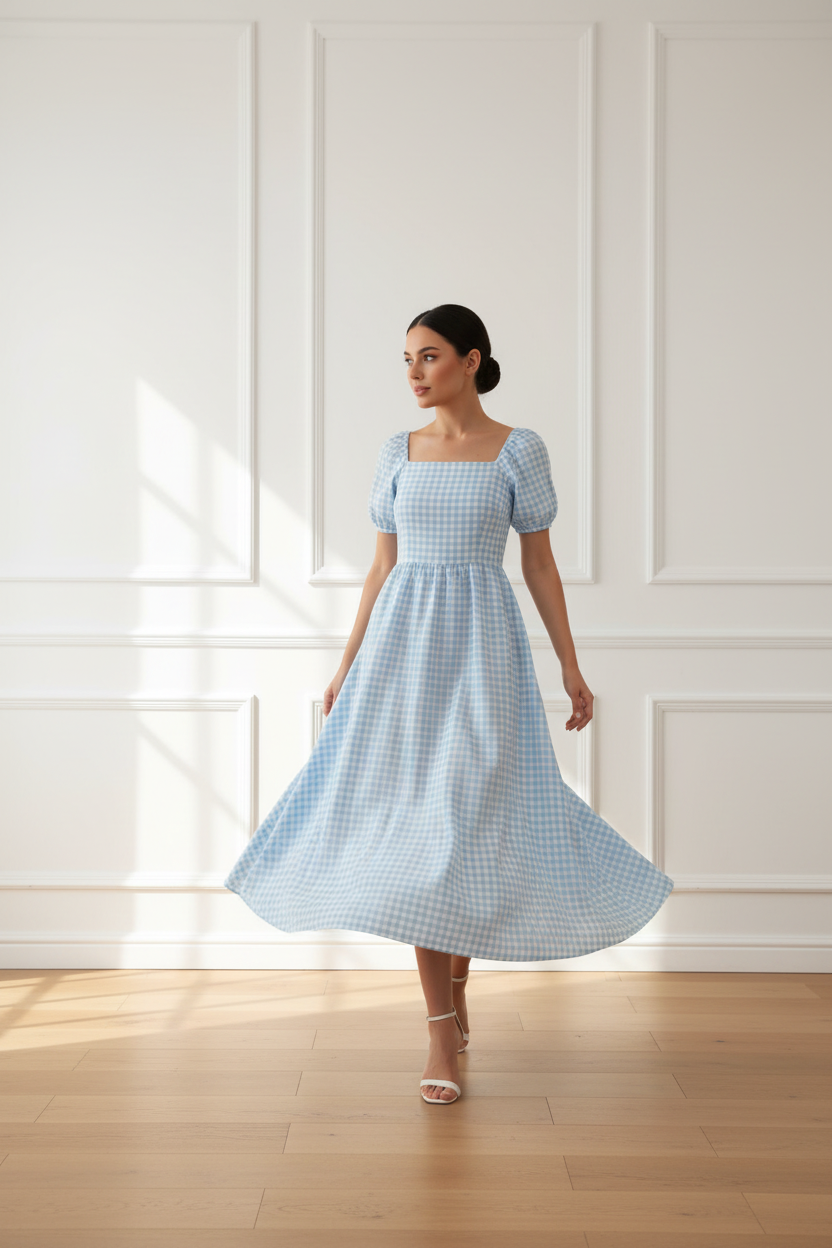 Vestido vichy azul - en movimiento