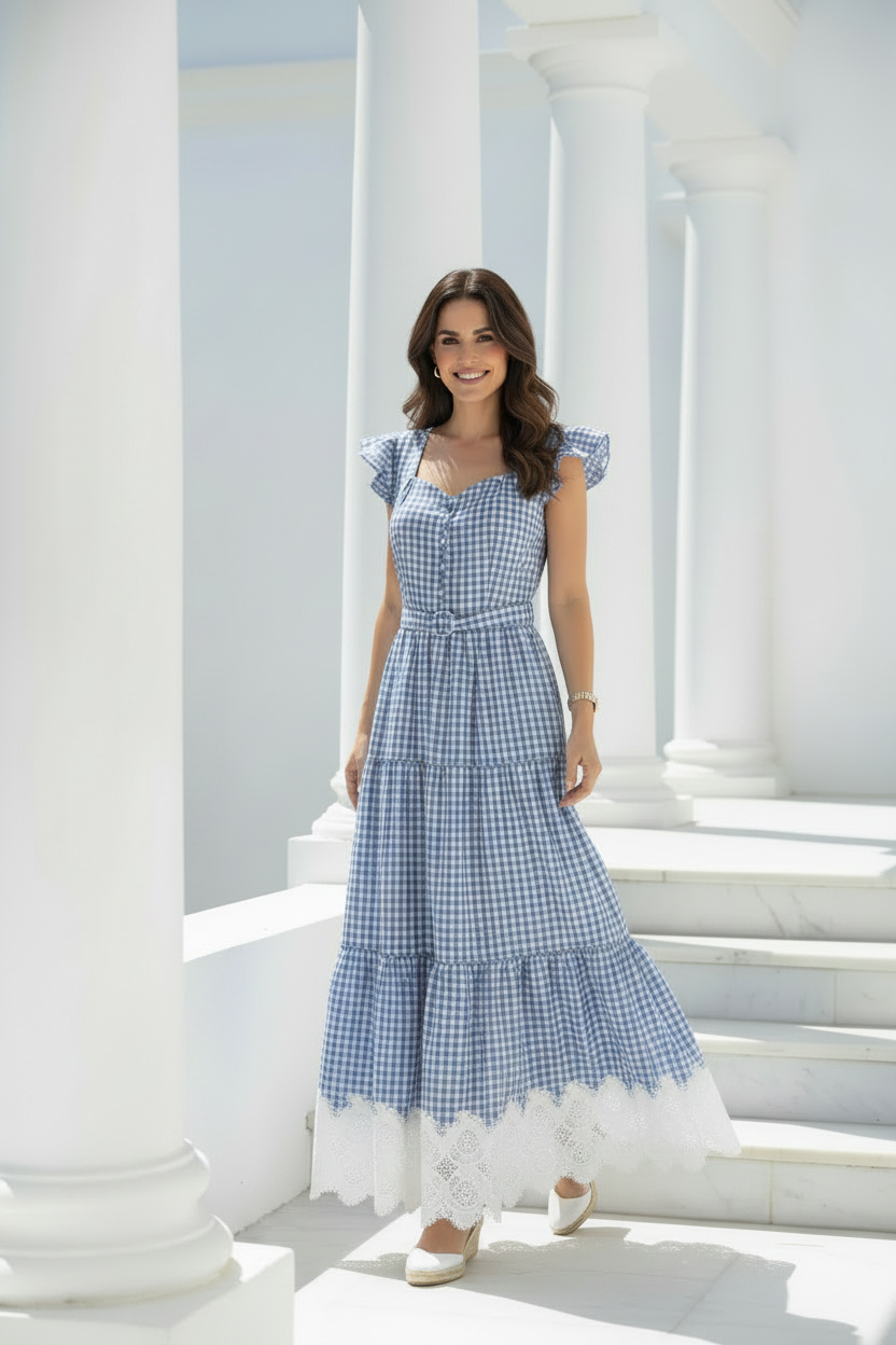 Vestido vichy azul - tres cuartos