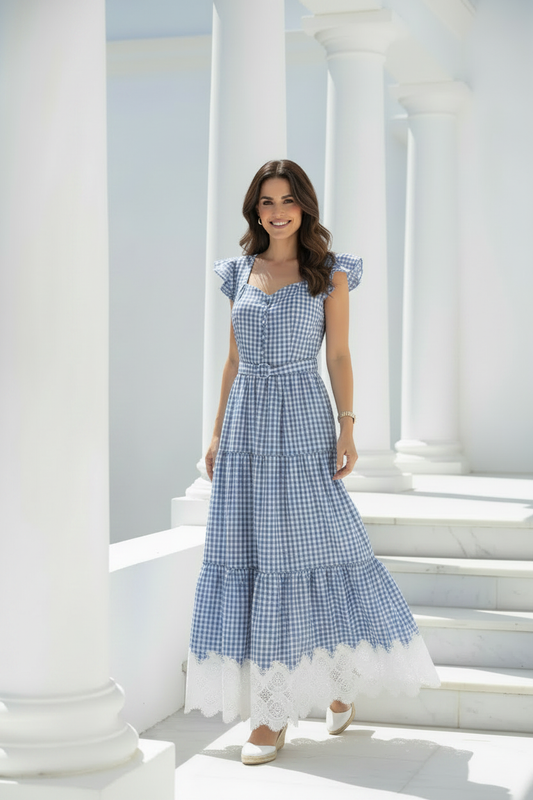Vestido vichy azul - tres cuartos