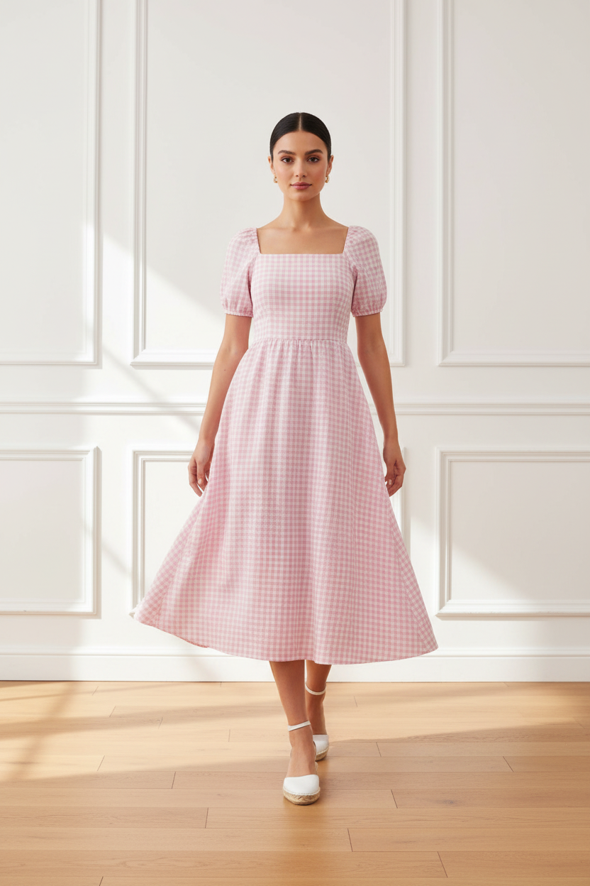 Vestido vichy rosa - en movimiento