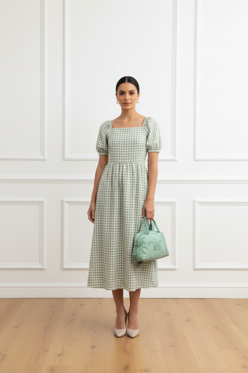 Vestido vichy verde + bolso Oliva muy pequeño