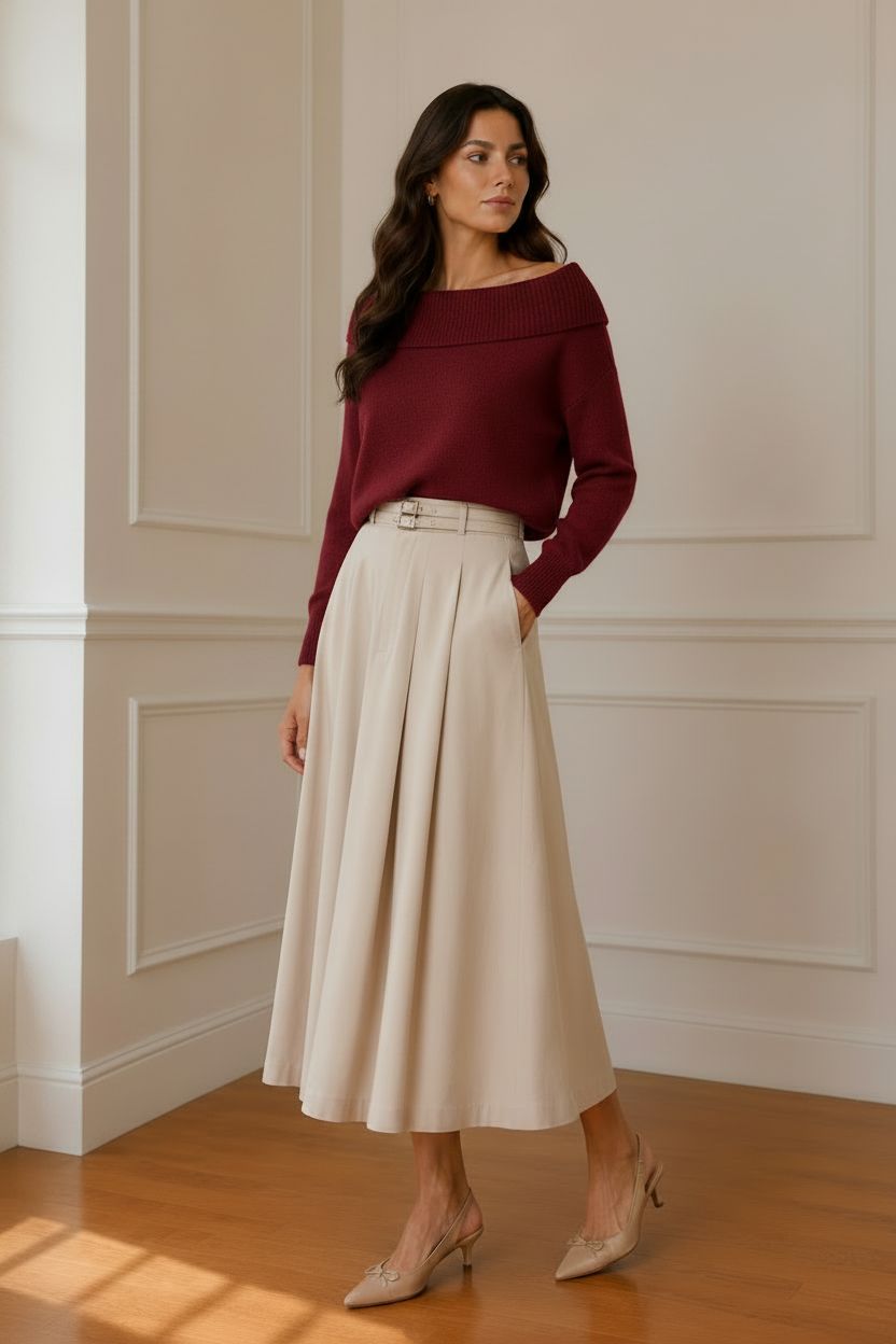 Vista 3/4 jersey granate bardot falda beige