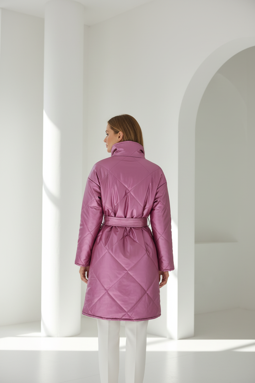 Vista de espalda del abrigo rosa