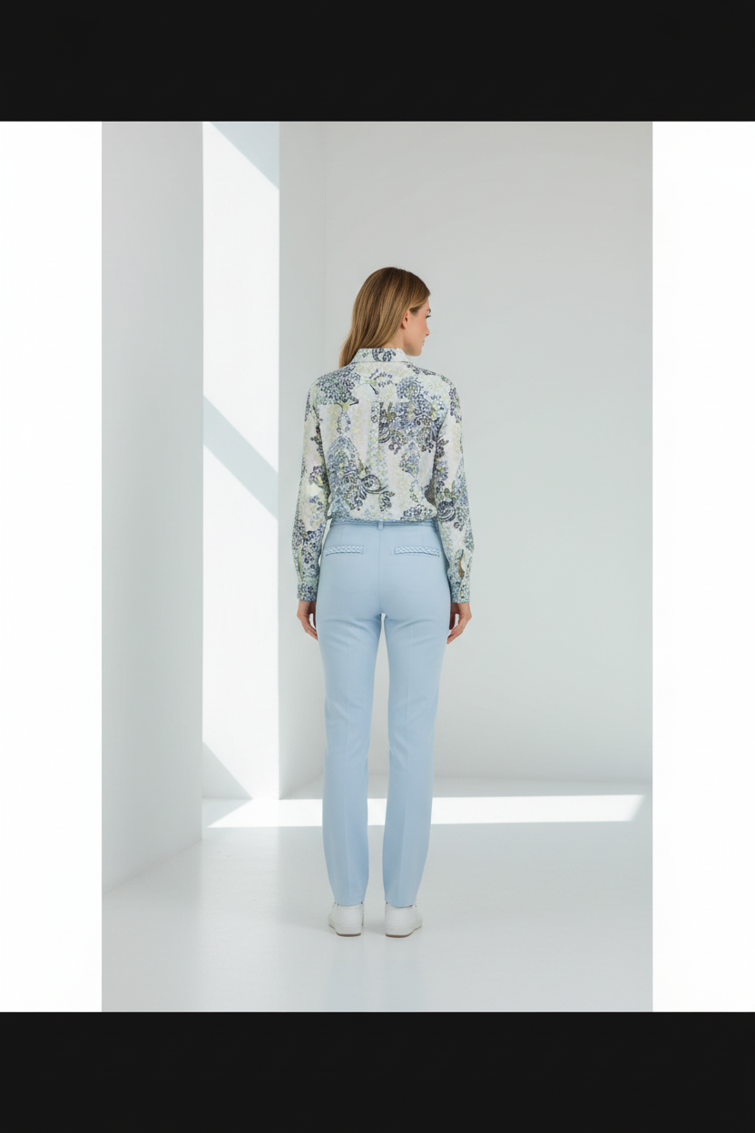 Vista de espalda modelo delgada con camisa paisley y pantalón azul