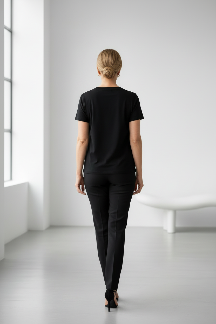Vista de espaldas camiseta negra con pantalón negro