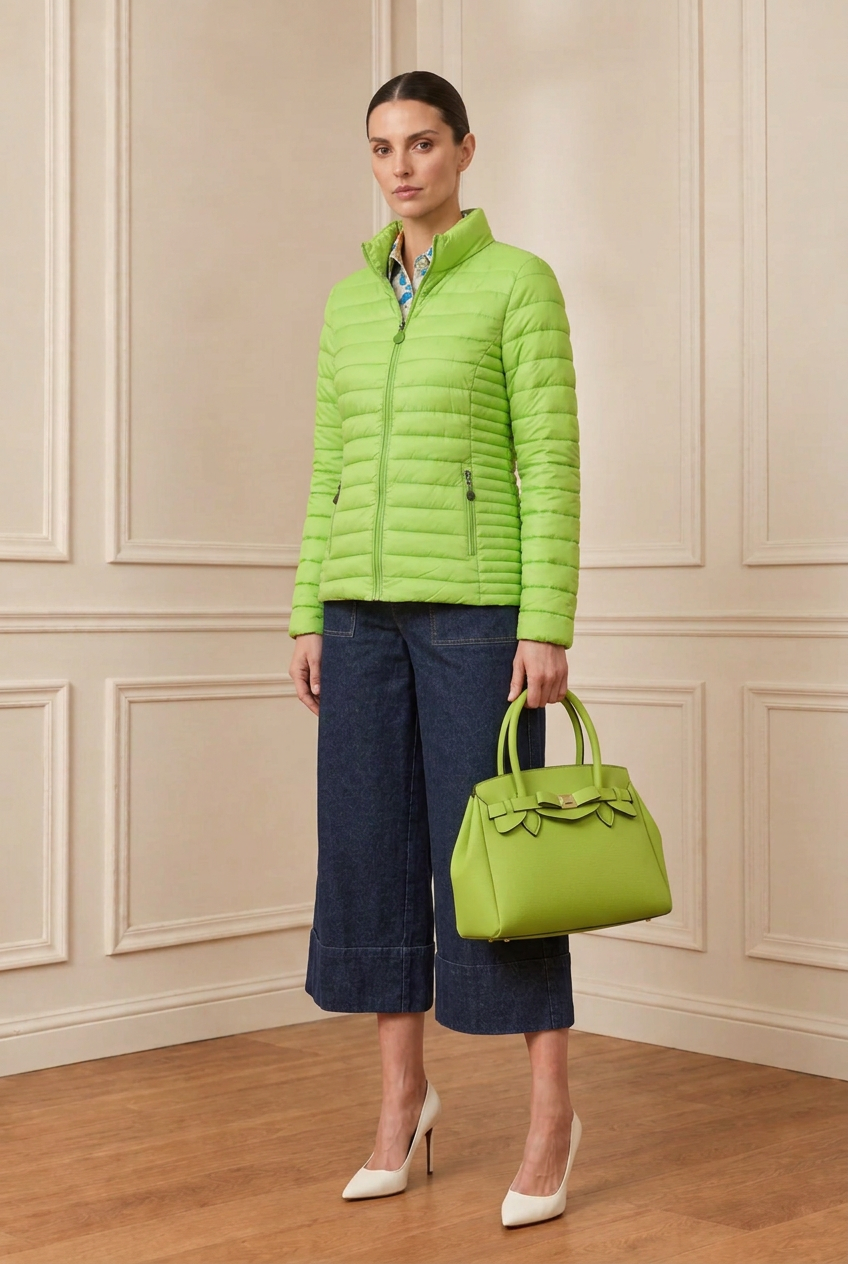 Vista de tres cuartos con chaqueta verde y bolso de mano