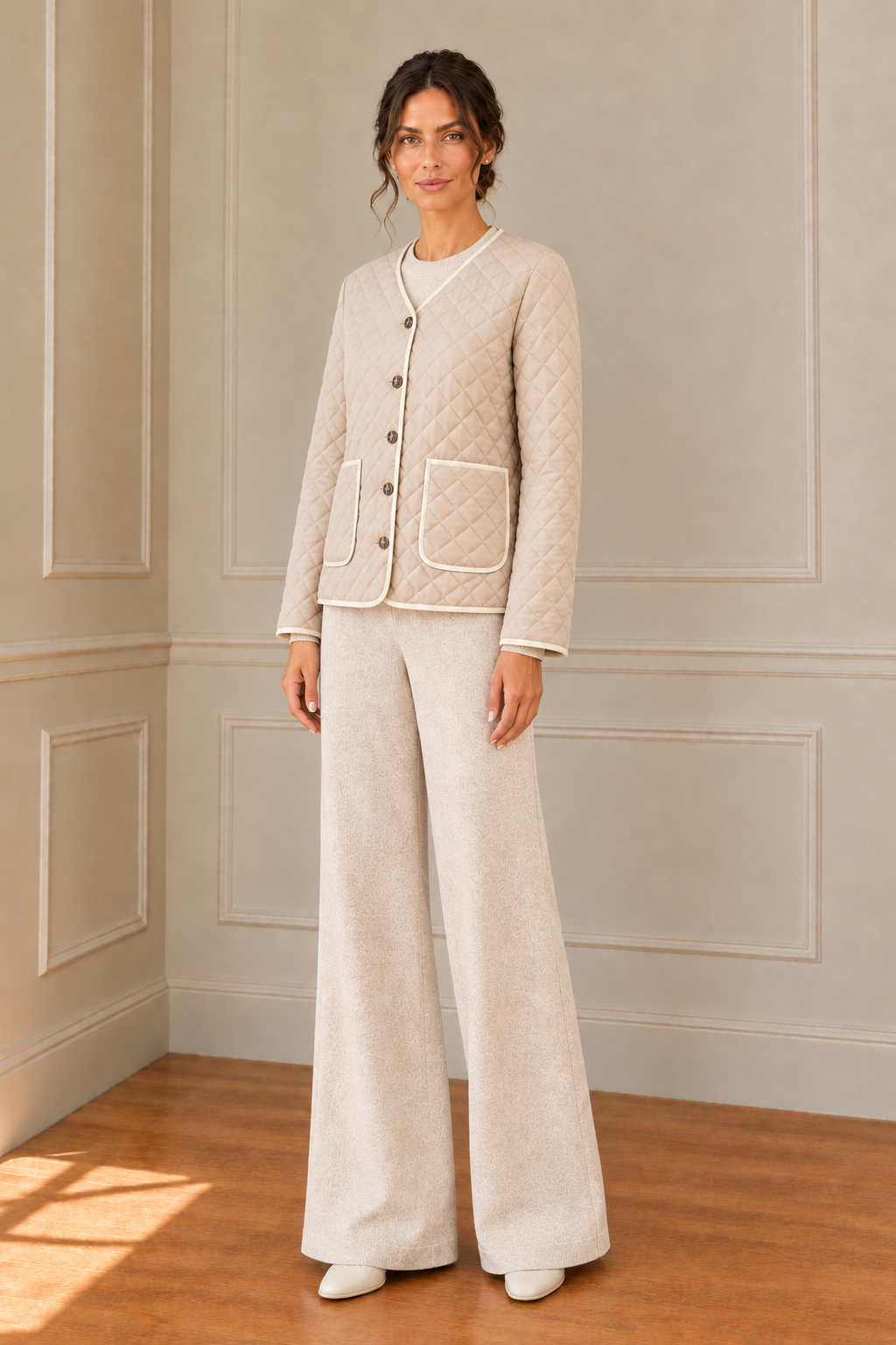 Vista de tres cuartos con la chaqueta beige y el conjunto camel