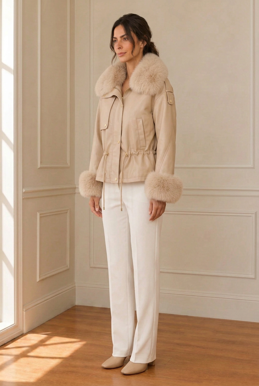 Vista de tres cuartos de la chaqueta beige