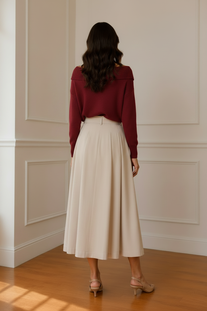 Vista espalda jersey granate bardot falda beige