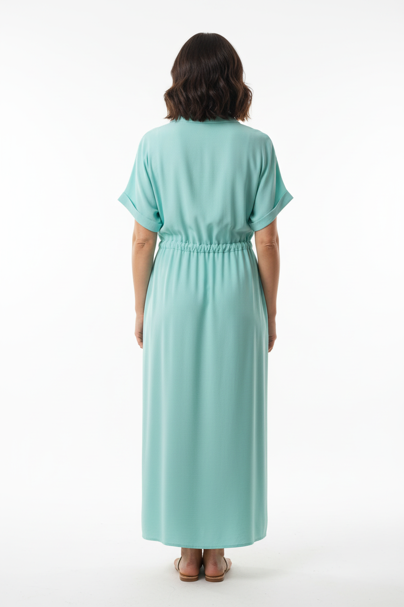 Vestido camisero verde menta cinturón talla única mujer muestrarios moda mediana edad vista trasera