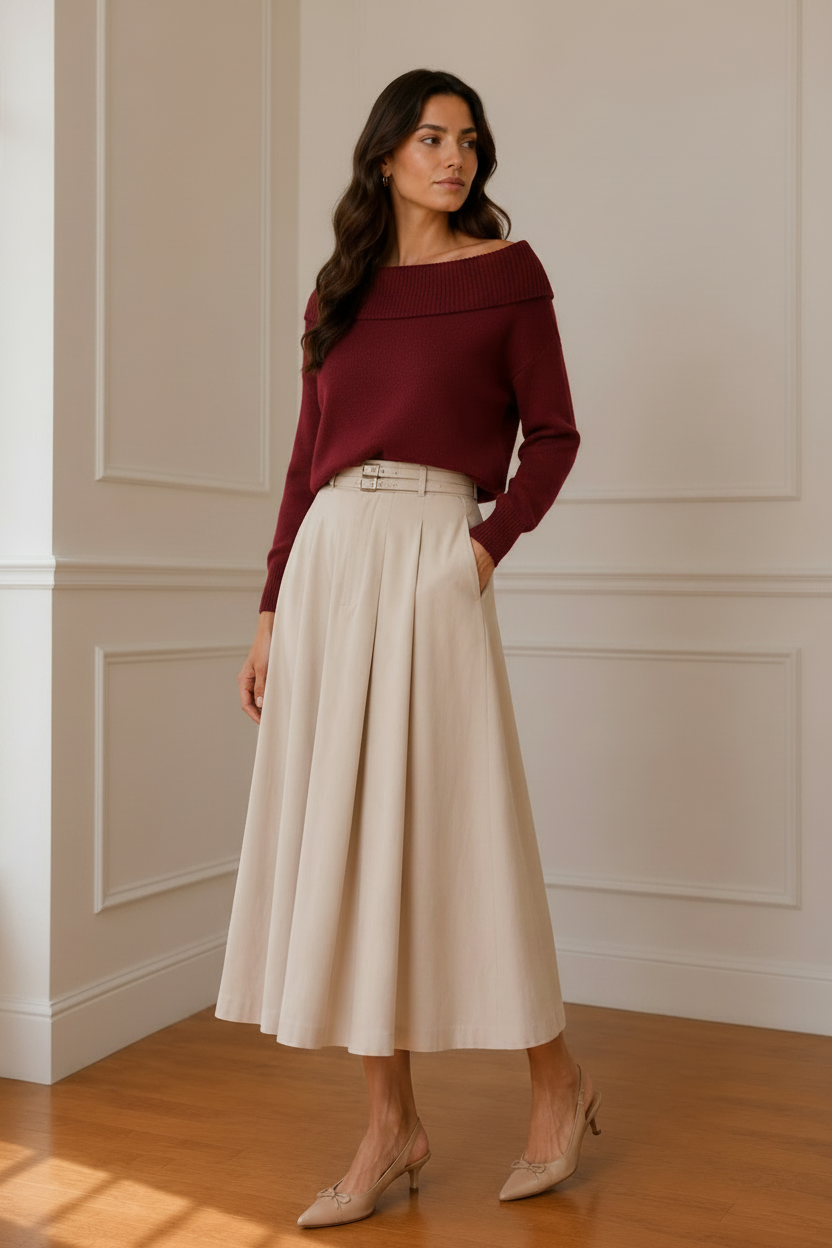 Vista frente jersey granate bardot falda beige