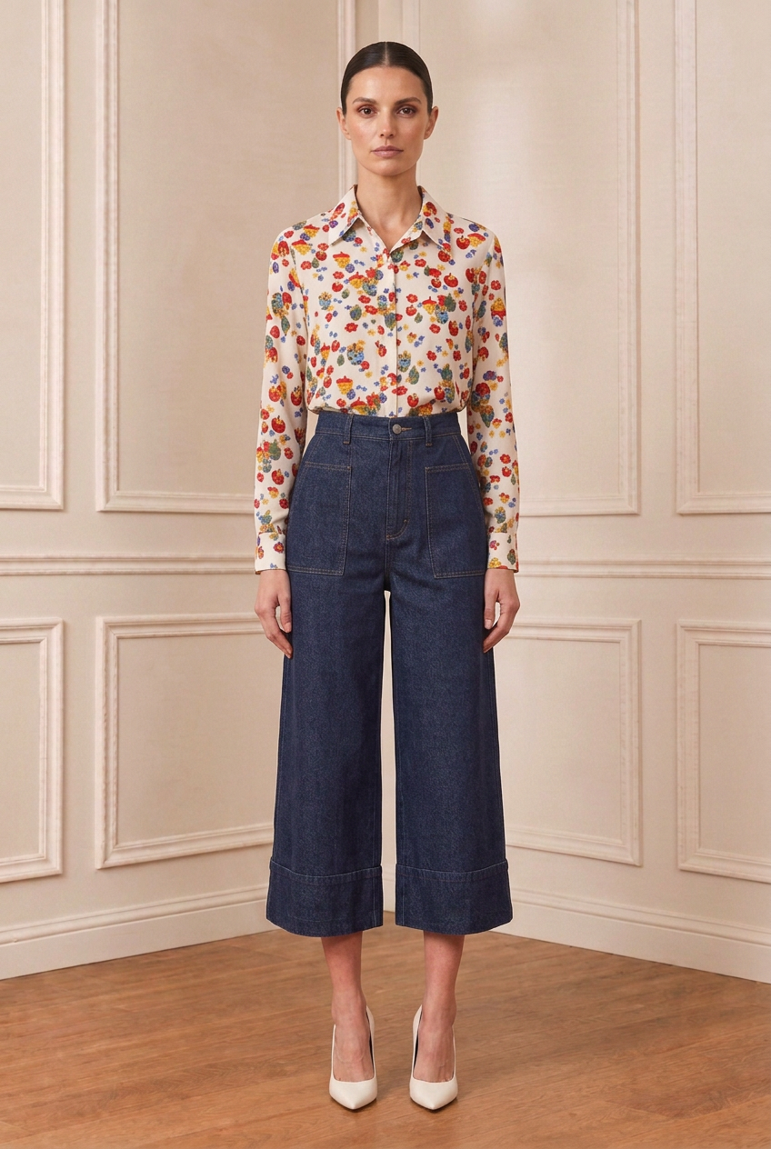 Vista frontal con camisa estampada, pantalón denim y zapatos blancos