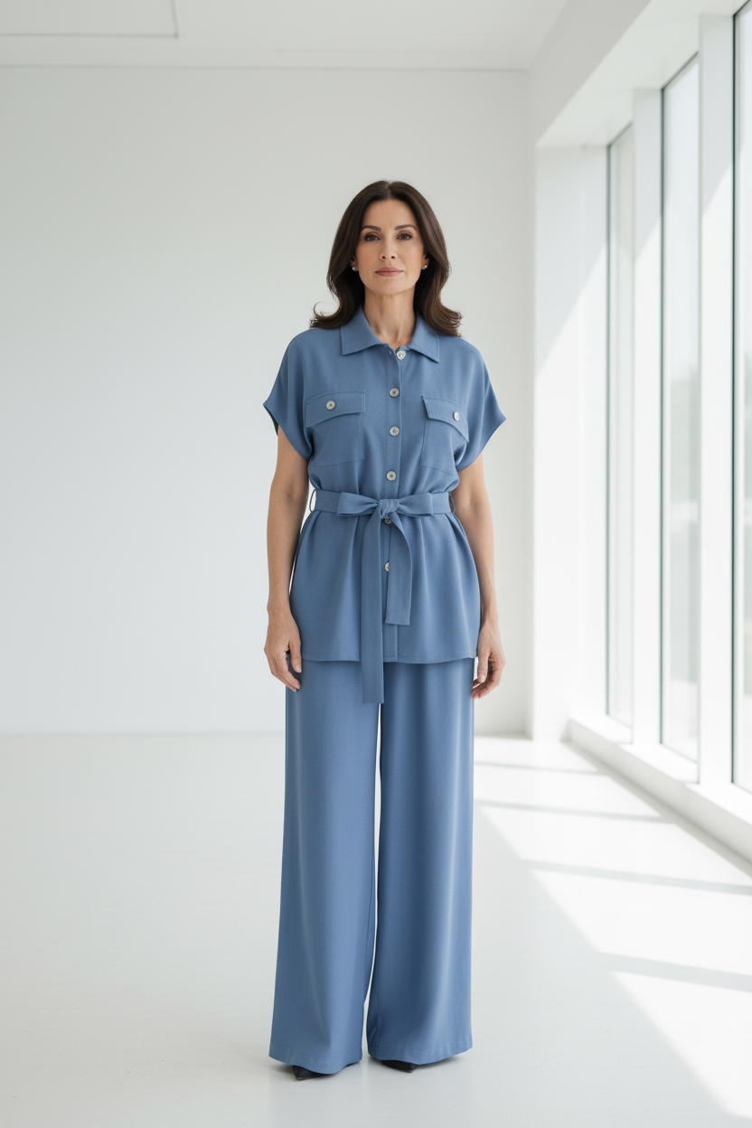 Vista frontal conjunto vaquero claro