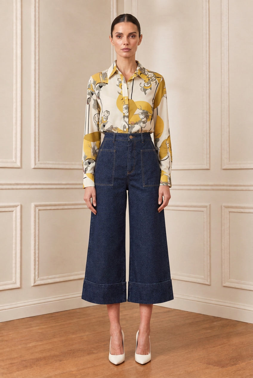 Vista frontal de la camisa con pantalón denim