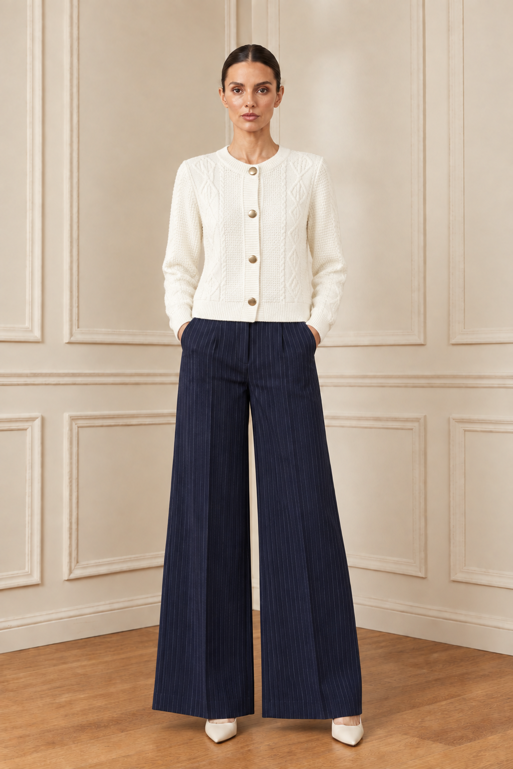 Vista frontal de la chaqueta con el pantalón azul marino