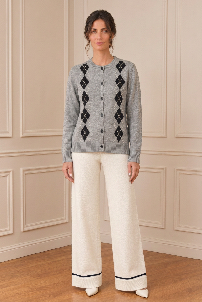 Vista frontal de la chaqueta gris con pantalón de punto marfil