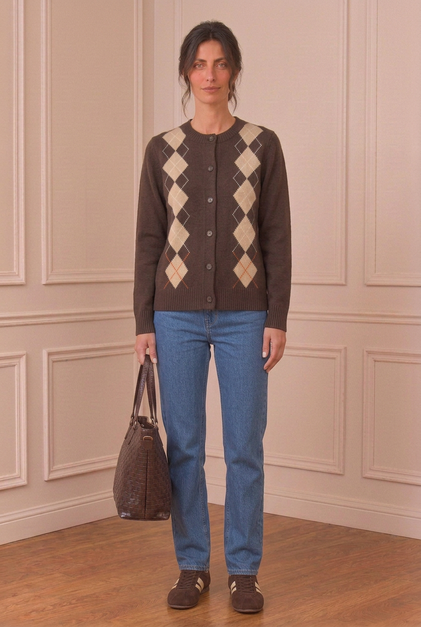 Vista frontal de la chaqueta marrón con rombos beige