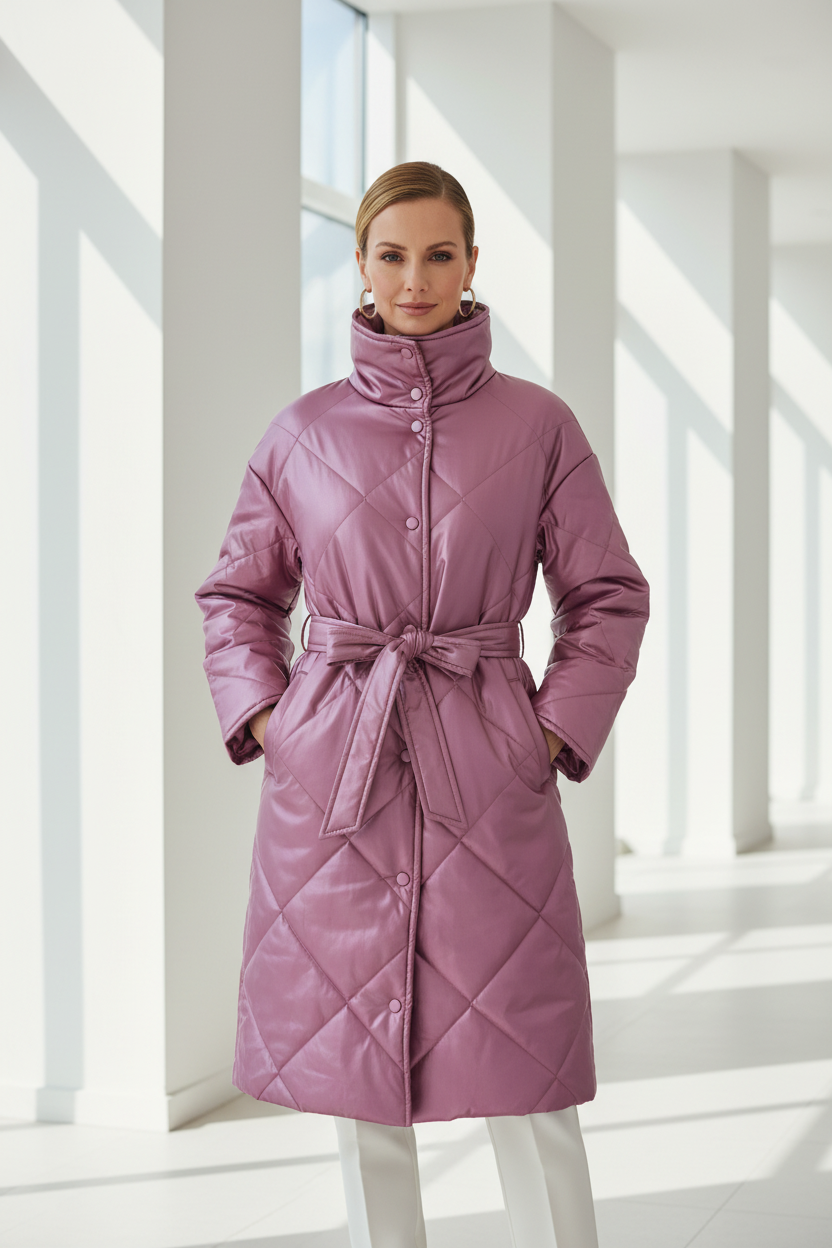 Vista frontal del abrigo rosa