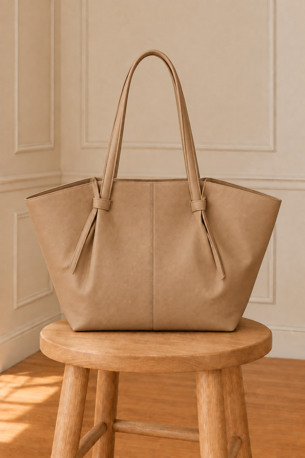 Vista frontal del bolso en camel