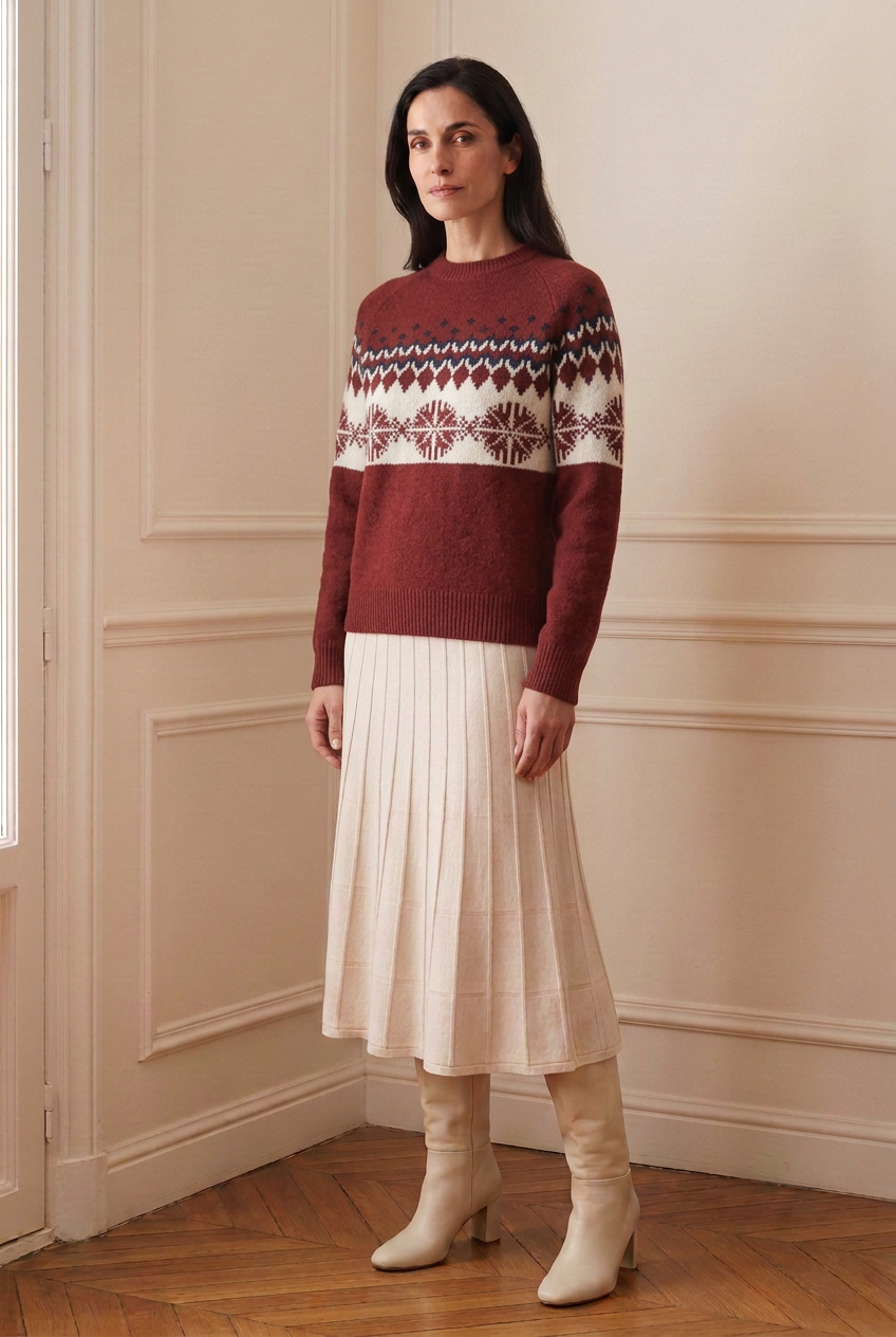 Vista frontal del jersey granate con falda y botas crudas