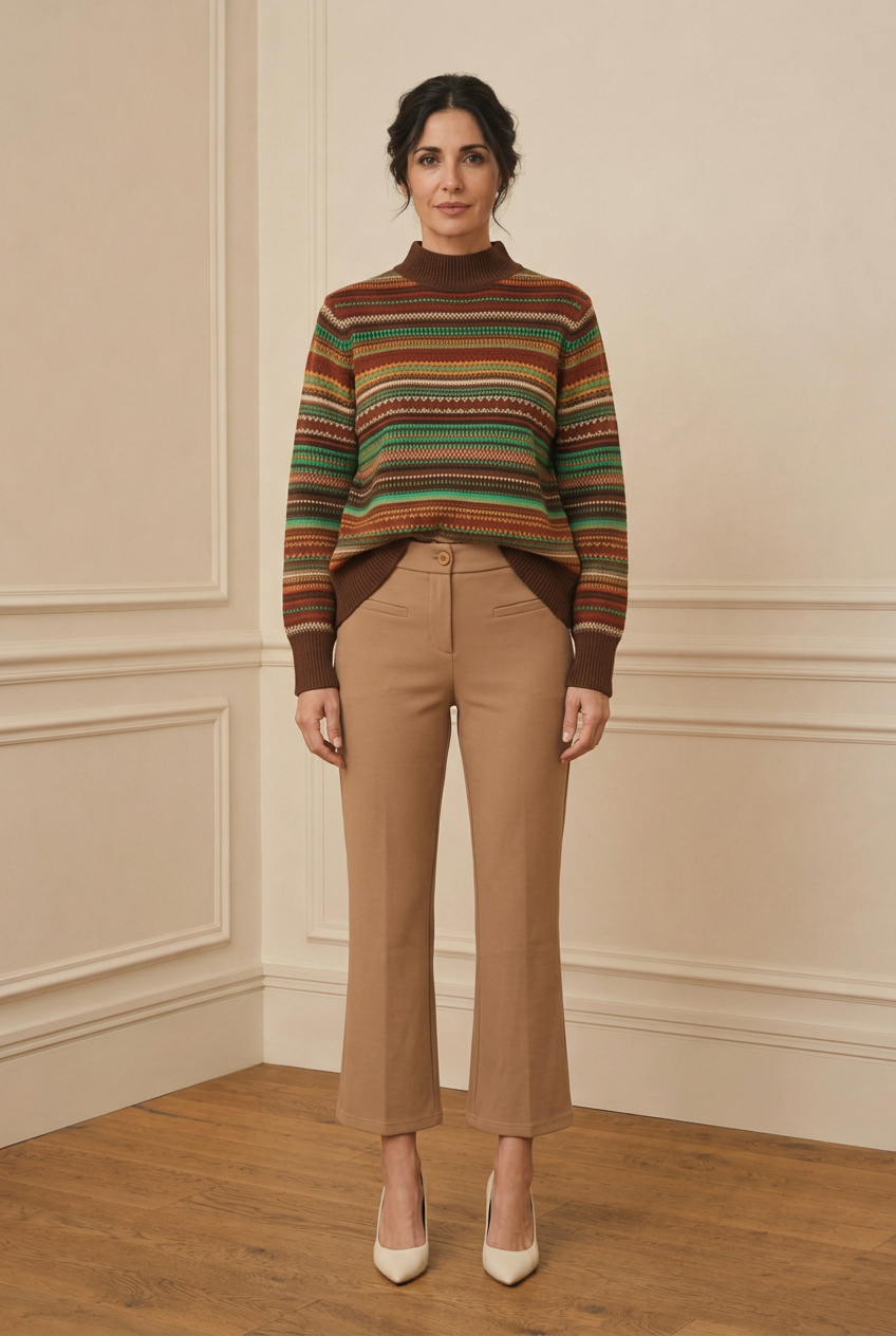 Vista frontal del look con pantalón camel muy tobillero