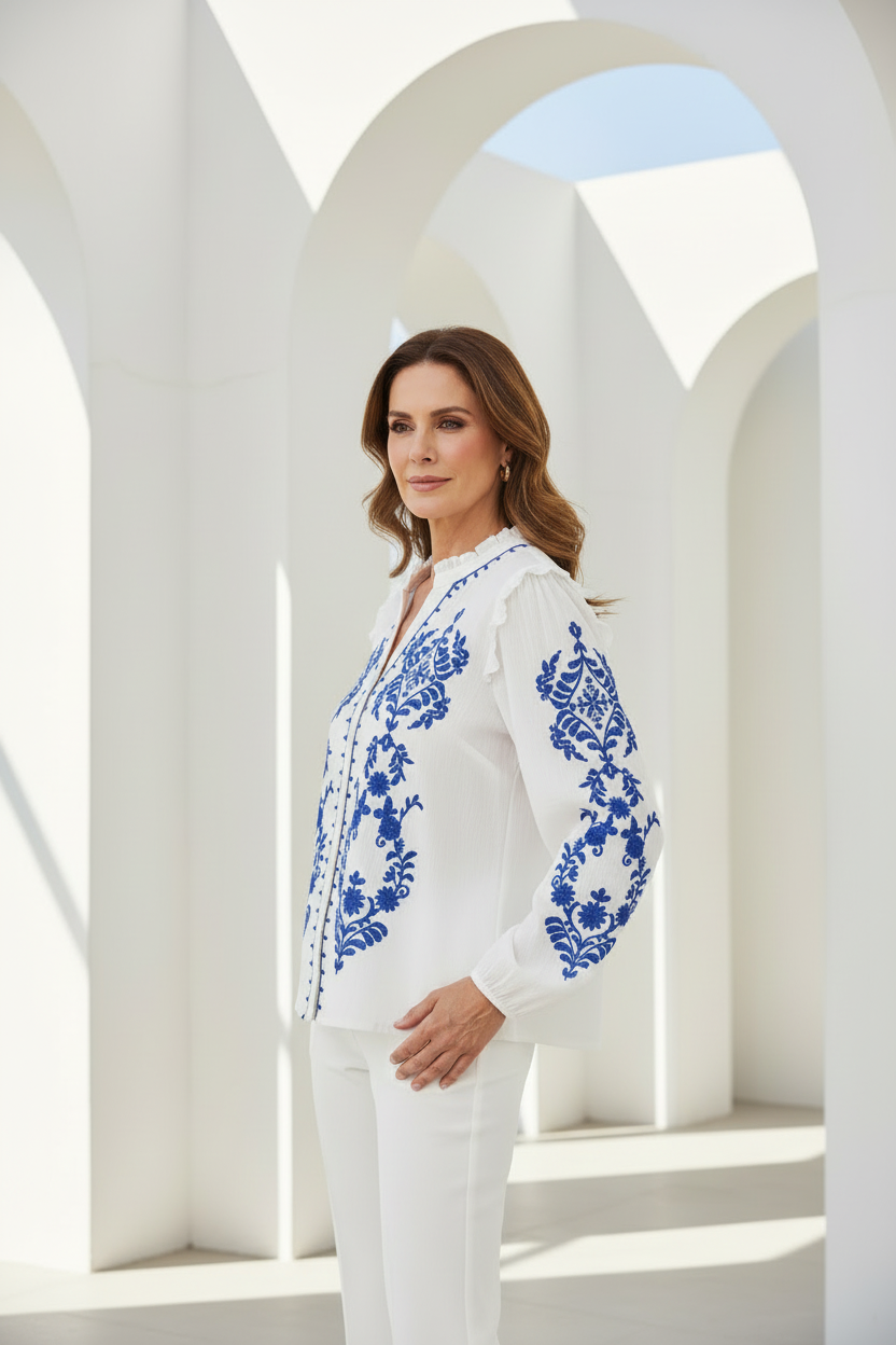 Vista lateral camisa bordada con pantalón blanco